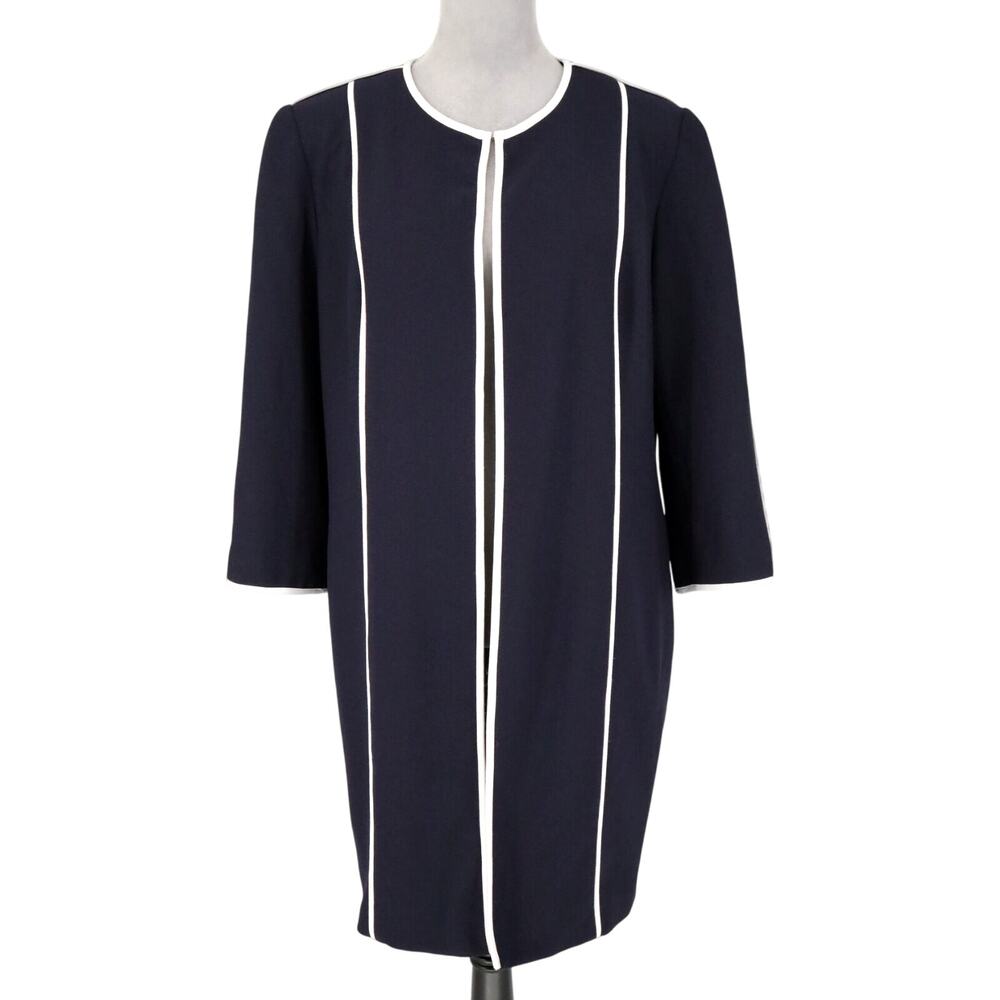 Nicolette Jacket Womens 12 Navy Blue White Trim Long Blazer Lined Career Office